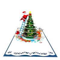 Handmade 3D Pop Up Xmas card Merry Christmas Santa Claus reindeer dog ladder tree gift decorations seasonal greetings